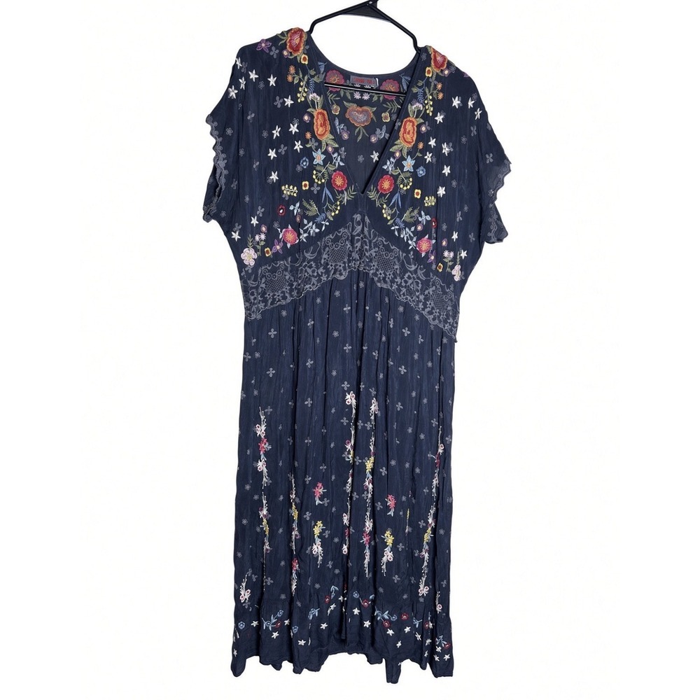 Johnny Was Boho Chic Midi Knit Dress Size Large Embroidered Floral Cotton EUC